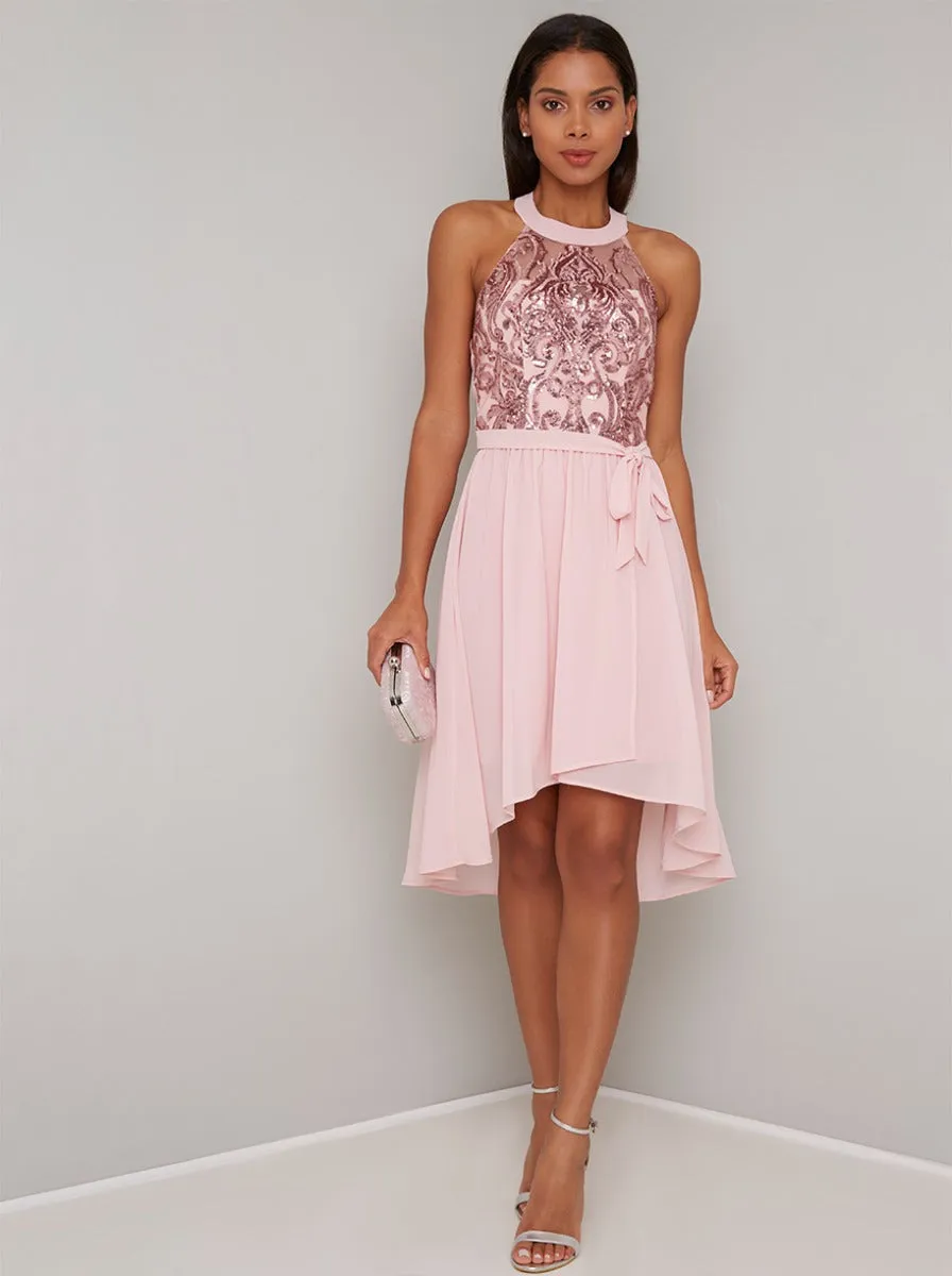 Embellished Dip Hem Halterneck Dress in Pink sold by Chi Chi London