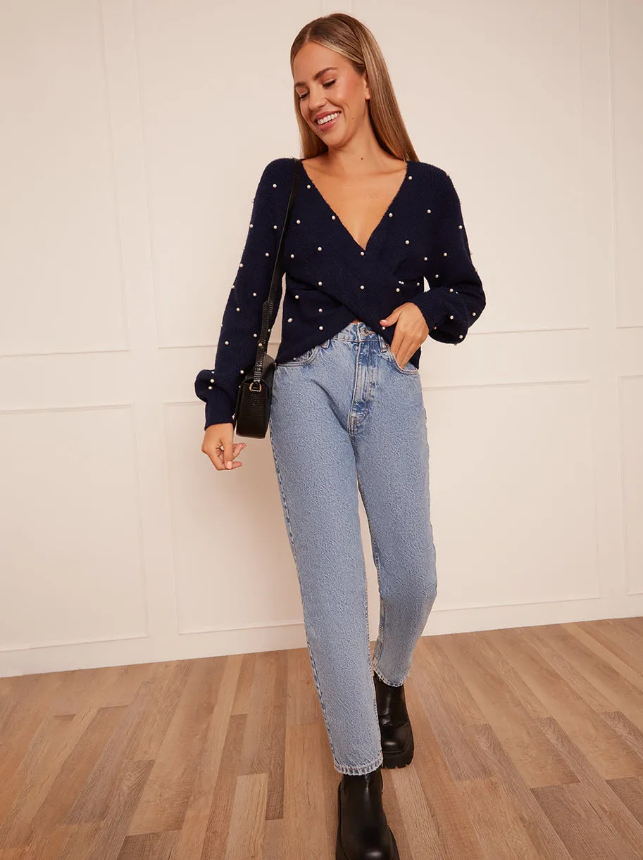 Pearl Detail Twist Front Jumper in Navy sold by Chi Chi London product image thumbnail 2