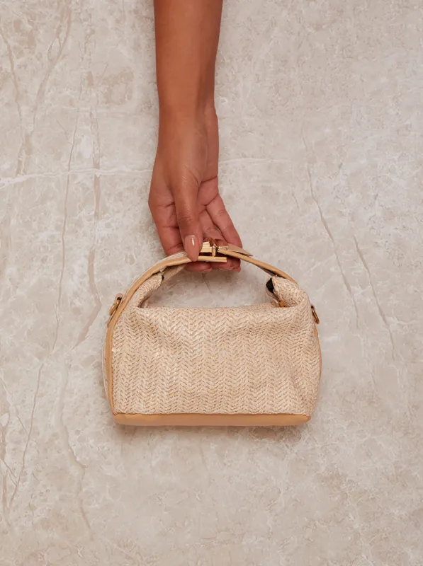 Straw Bag with PU Trim in Beige sold by Chi Chi London