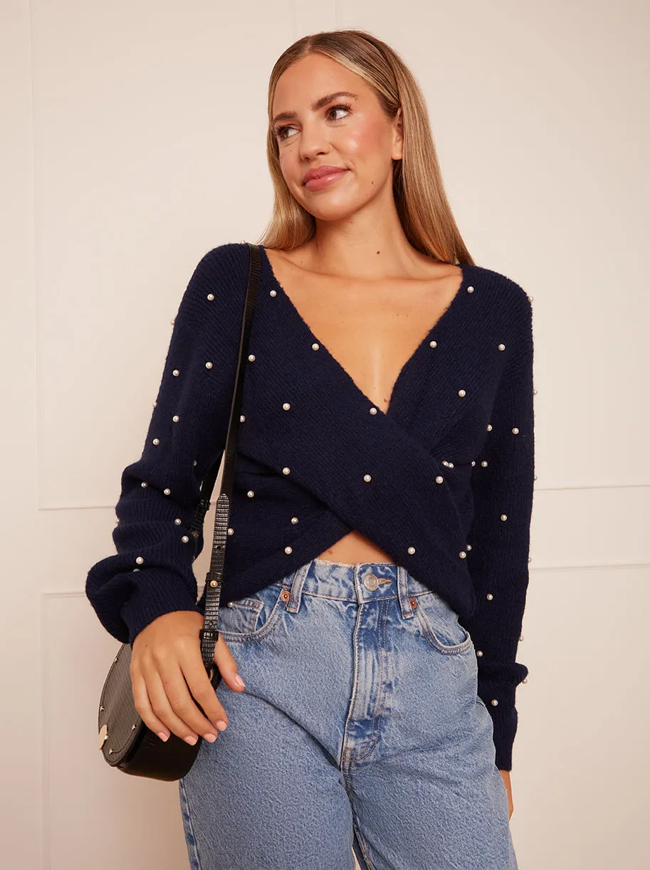Pearl Detail Twist Front Jumper in Navy sold by Chi Chi London