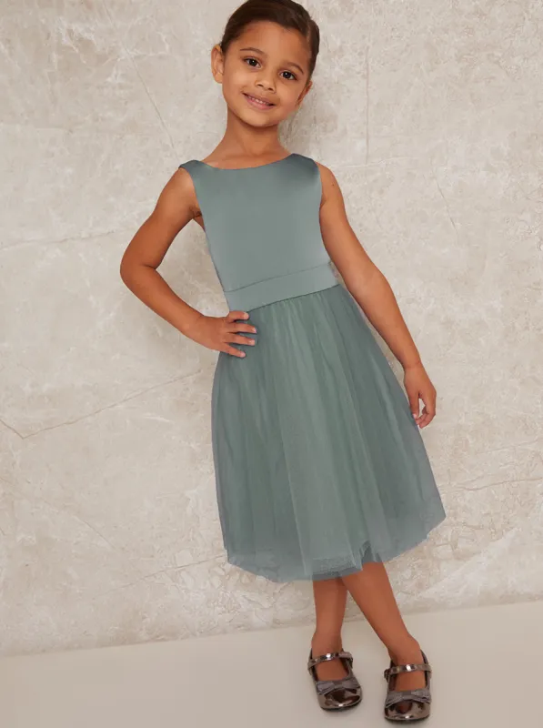 Girls Satin Bodice Tulle Skirt Dress in Green sold by Chi Chi London