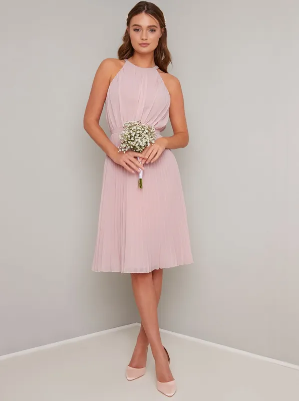 Halter Neck Pleated Midi Dress in Pink sold by Chi Chi London