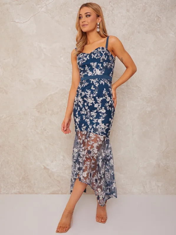 Peplum Embroidered Lace Bodycon Dress in Blue sold by Chi Chi London