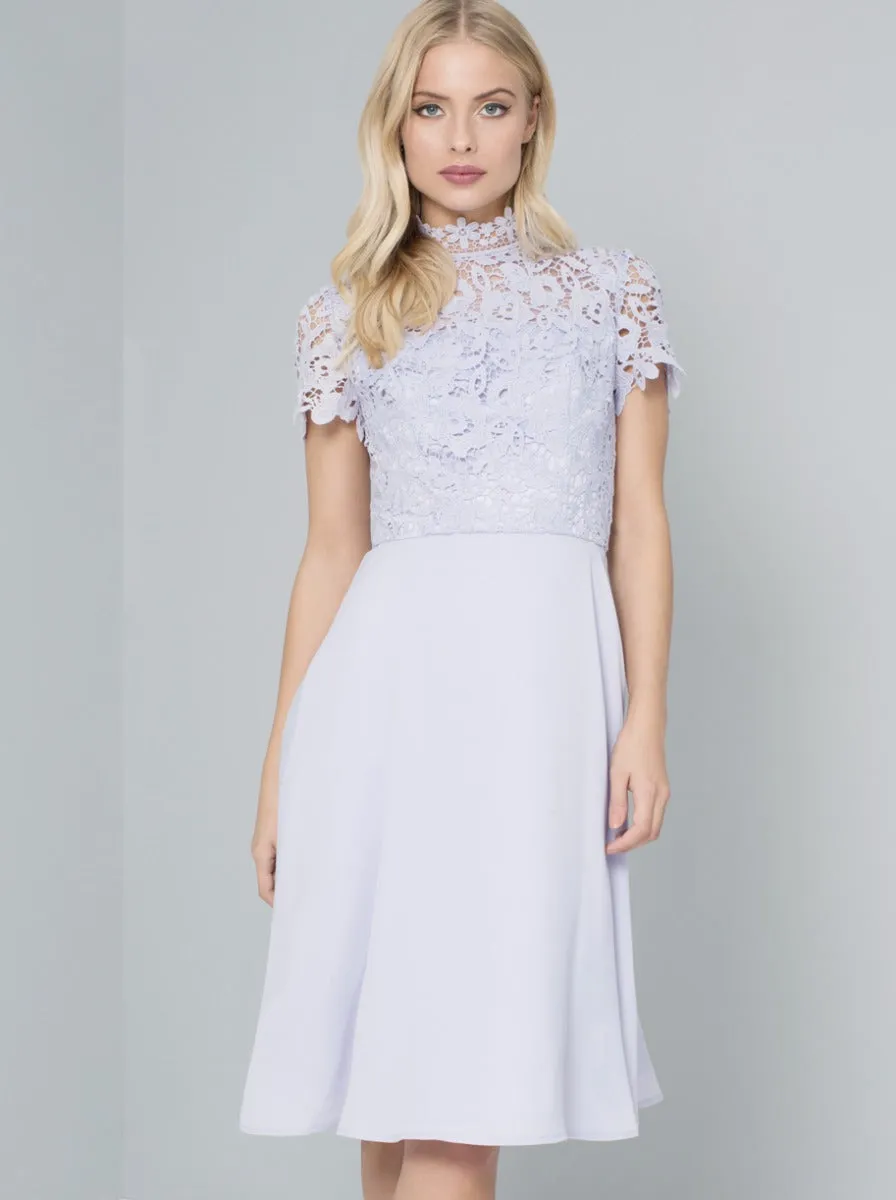 Short Sleeve Crochet Bodice Skater Dress in Lilac sold by Chi Chi London