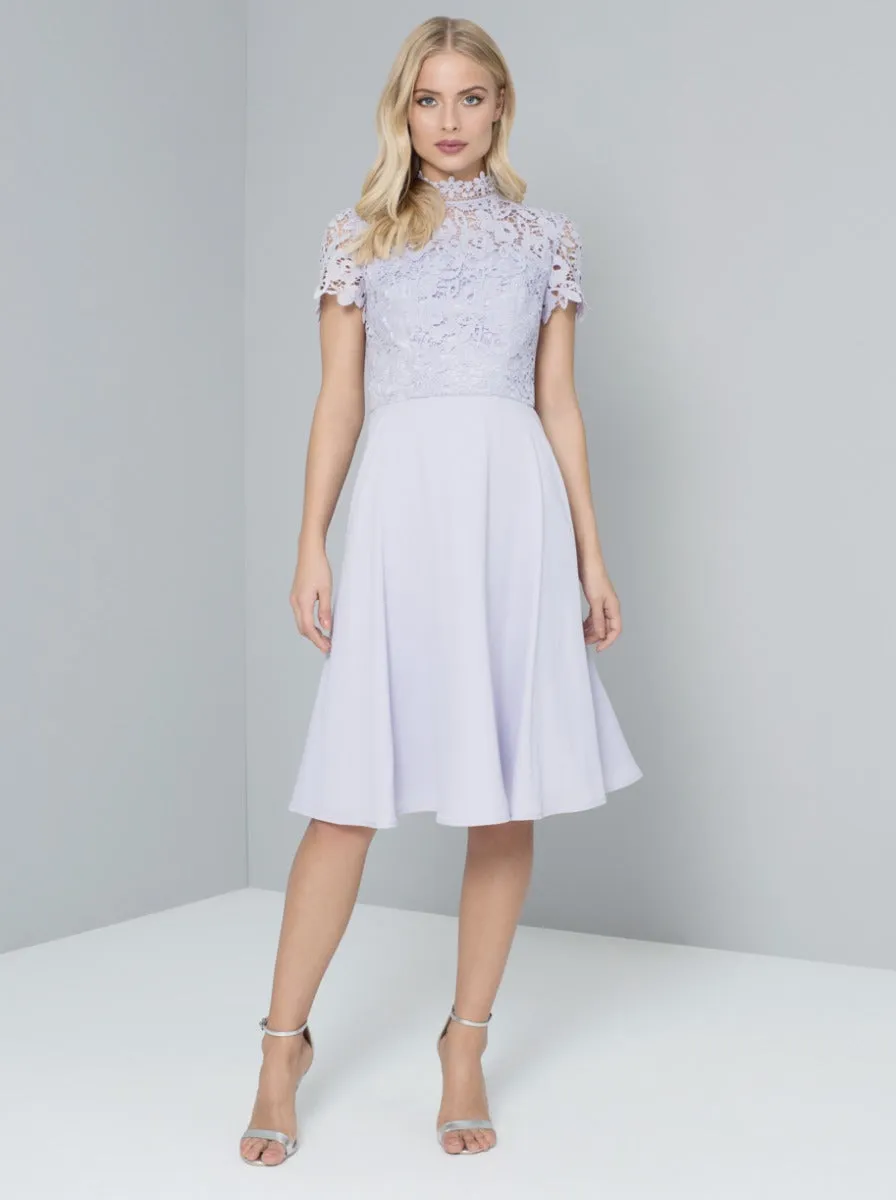 Short Sleeve Crochet Bodice Skater Dress in Lilac sold by Chi Chi London product image thumbnail 2