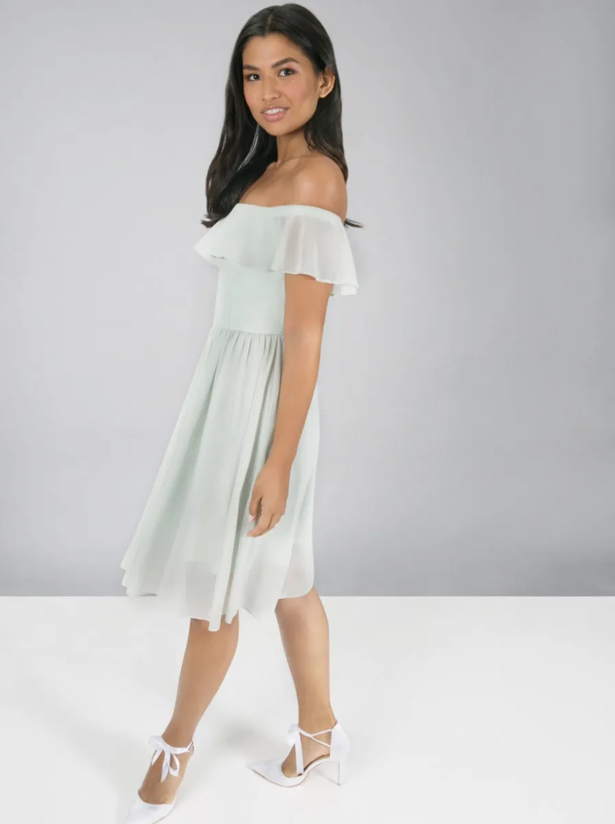 Frill Detail Bardot Mini Dress In Green sold by Chi Chi London