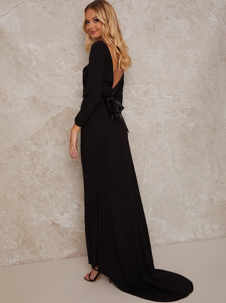 Petite Long Sleeve Backless Maxi Dress with Satin Waist Tie in Black sold by Chi Chi London product image thumbnail 2