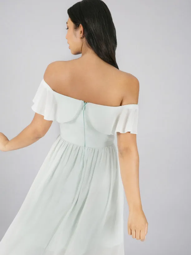 Frill Detail Bardot Mini Dress In Green sold by Chi Chi London product image thumbnail 2