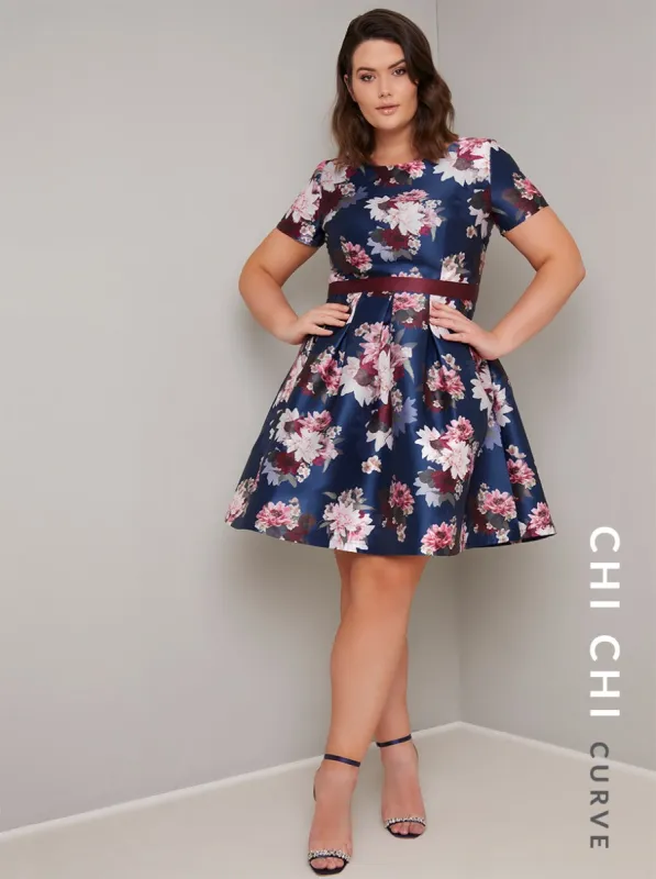 Plus Size Short Sleeved Floral Print Midi Dress in Blue sold by Chi Chi London