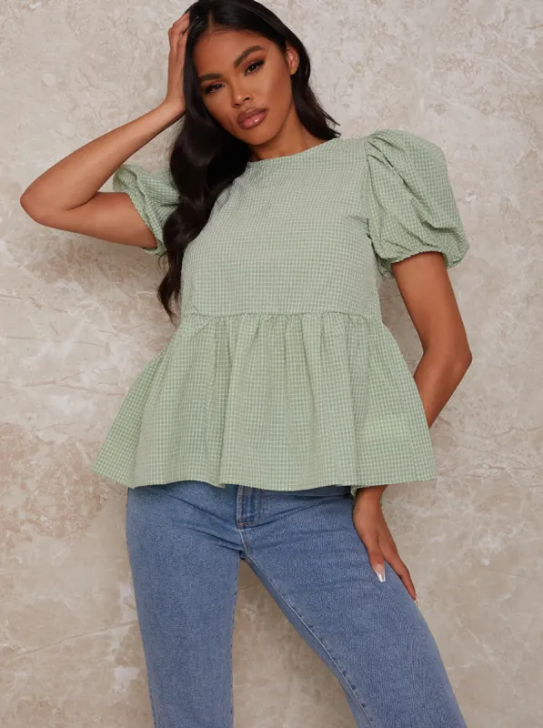 Puff Sleeve Smock Top in Green sold by Chi Chi London