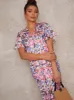 Floral Print Midi Day Dress with Flutter Sleeve in Multi sold by Chi Chi London