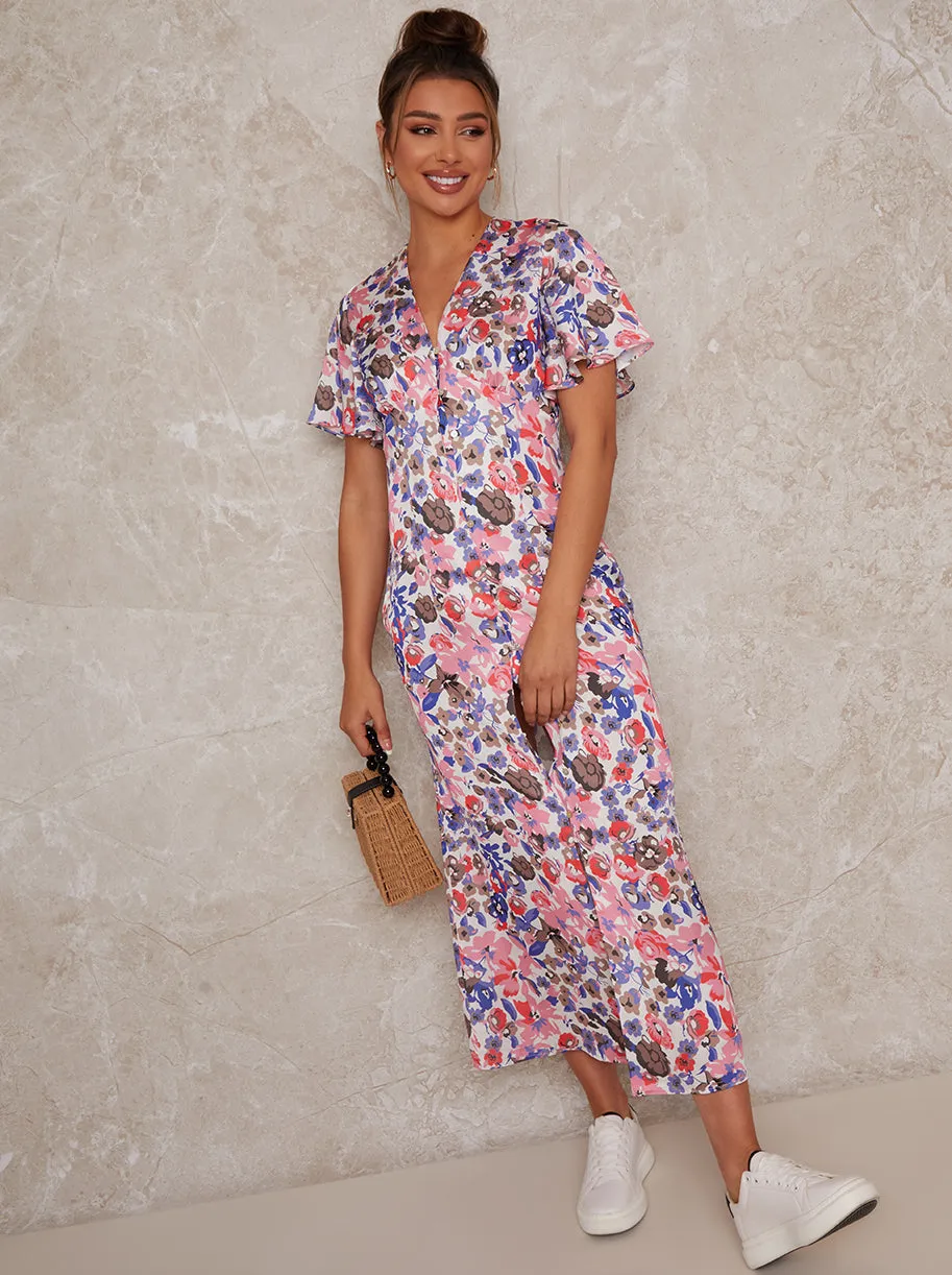 Floral Print Midi Day Dress with Flutter Sleeve in Multi sold by Chi Chi London