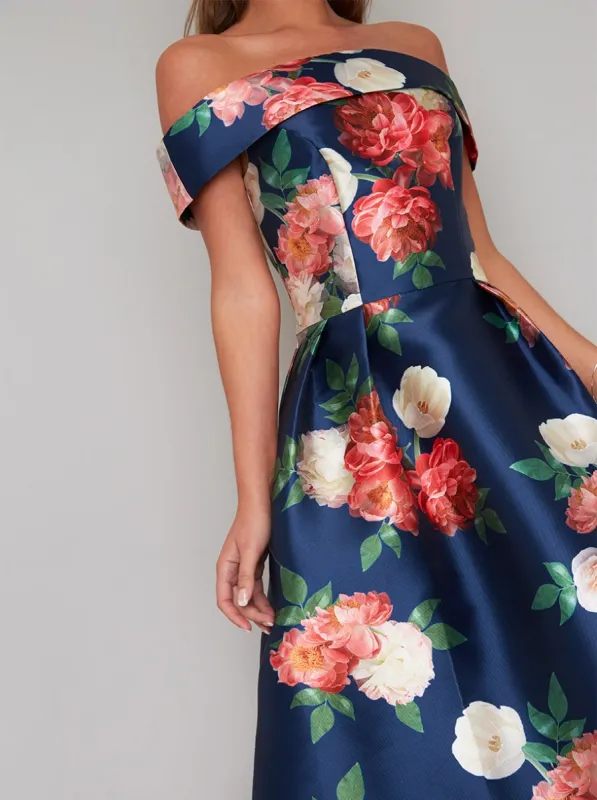 Bardot Floral Dip Hem Midi Dress in Blue sold by Chi Chi London