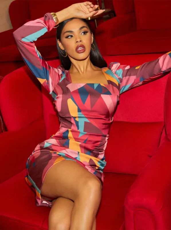Long Sleeve Graphic Print Mini Dress in Multi sold by Chi Chi London