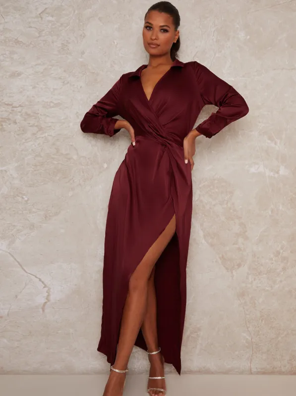 Wrap Long Sleeve Split Midi Dress in Red sold by Chi Chi London