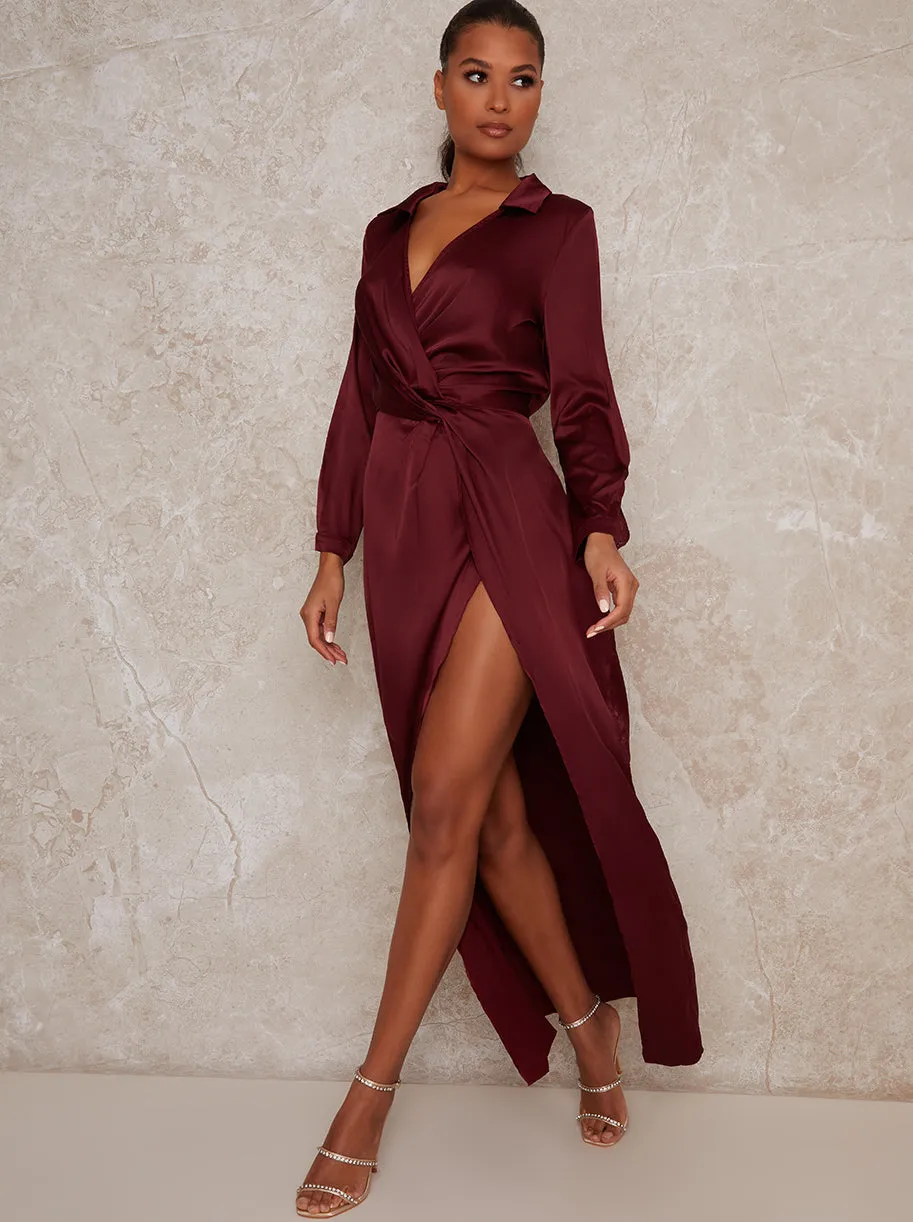 Wrap Long Sleeve Split Midi Dress in Red sold by Chi Chi London product image thumbnail 2