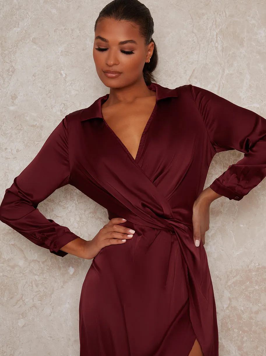 Wrap Long Sleeve Split Midi Dress in Red sold by Chi Chi London product image thumbnail 3