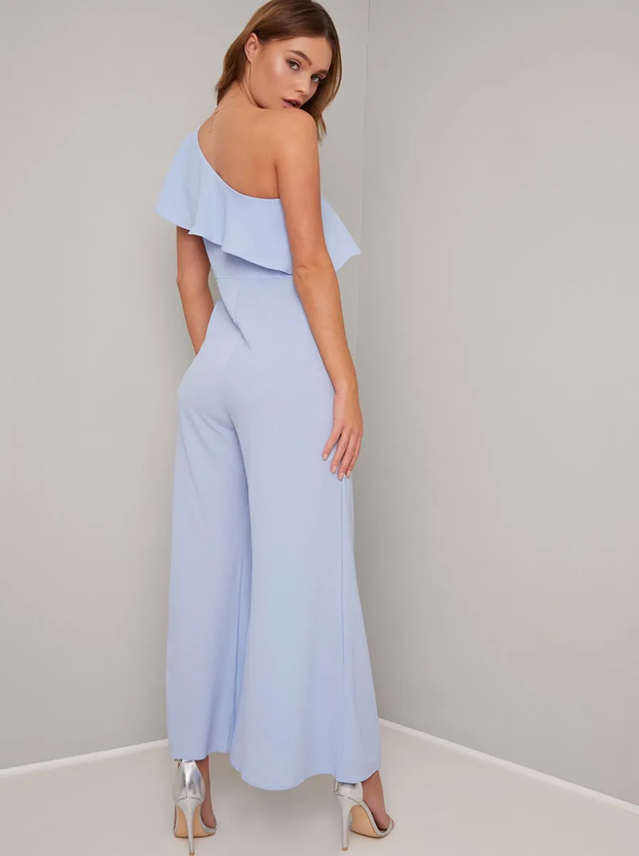 One Shoulder Frill Detail Wide Leg Jumpsuit in Blue sold by Chi Chi London product image thumbnail 4