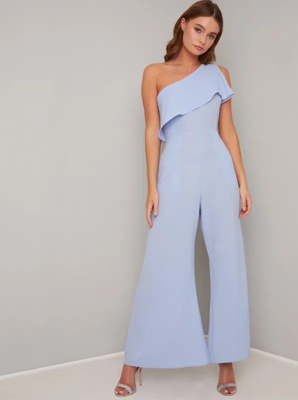 One Shoulder Frill Detail Wide Leg Jumpsuit in Blue sold by Chi Chi London