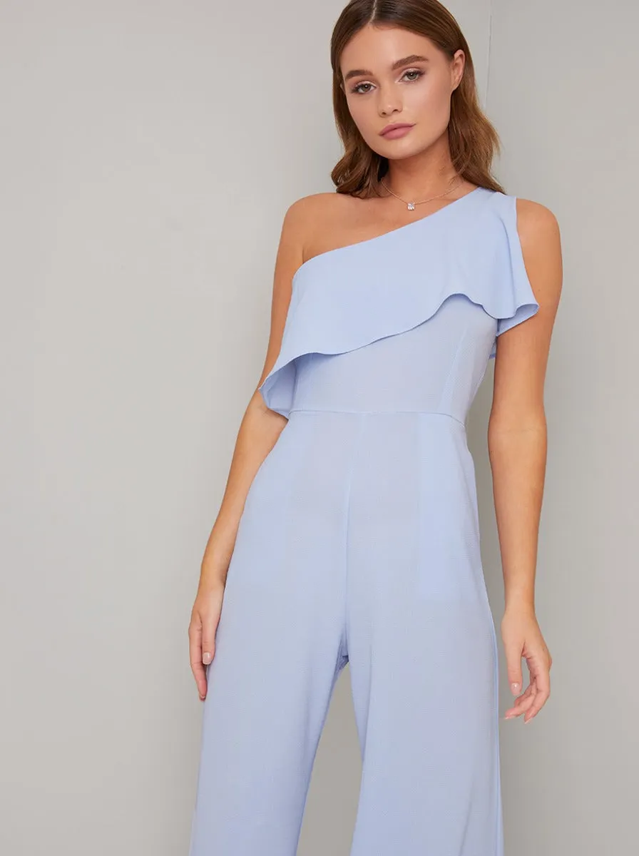 One Shoulder Frill Detail Wide Leg Jumpsuit in Blue sold by Chi Chi London product image thumbnail 3