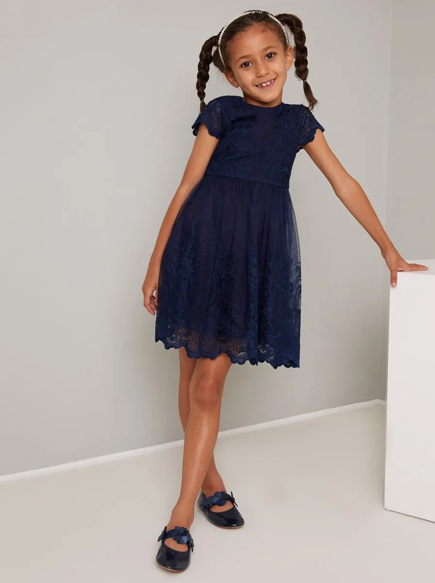 Girls Lace Scalloped Party Dress In Navy sold by Chi Chi London