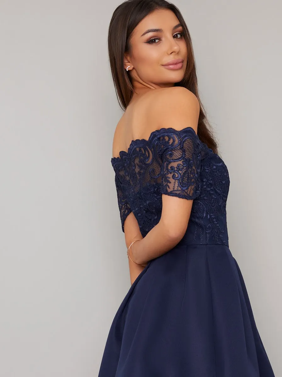 Emroidered Bodice Bardot Midi Dress in Blue sold by Chi Chi London product image thumbnail 4