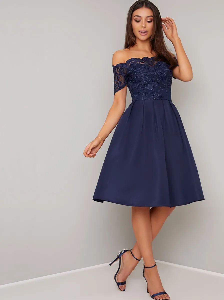 Emroidered Bodice Bardot Midi Dress in Blue sold by Chi Chi London