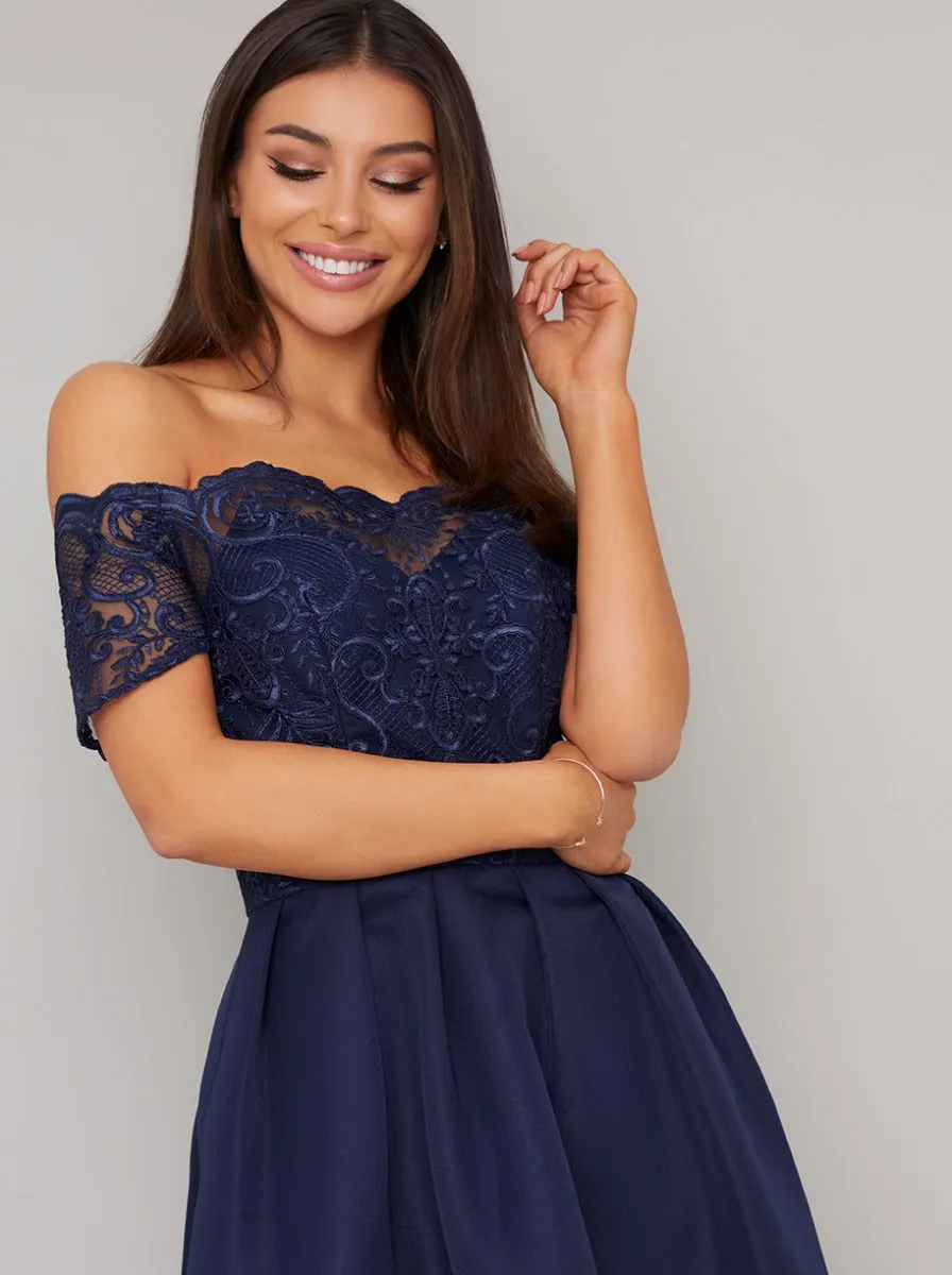 Emroidered Bodice Bardot Midi Dress in Blue sold by Chi Chi London product image thumbnail 2