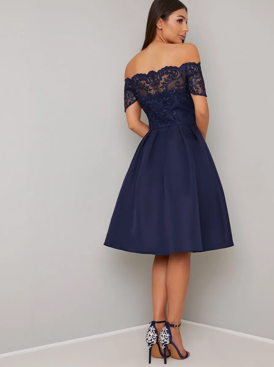 Emroidered Bodice Bardot Midi Dress in Blue sold by Chi Chi London product image thumbnail 3
