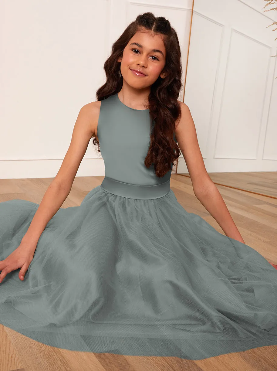 Older Girls Satin Bodice Tulle Midi Dress in Green sold by Chi Chi London product image thumbnail 4