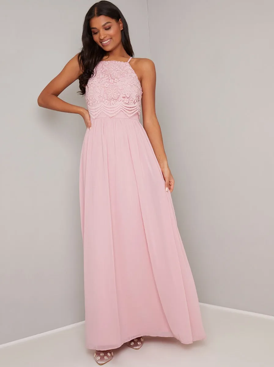 Crochet Bodice Cami Strap Maxi Dress in Pink sold by Chi Chi London