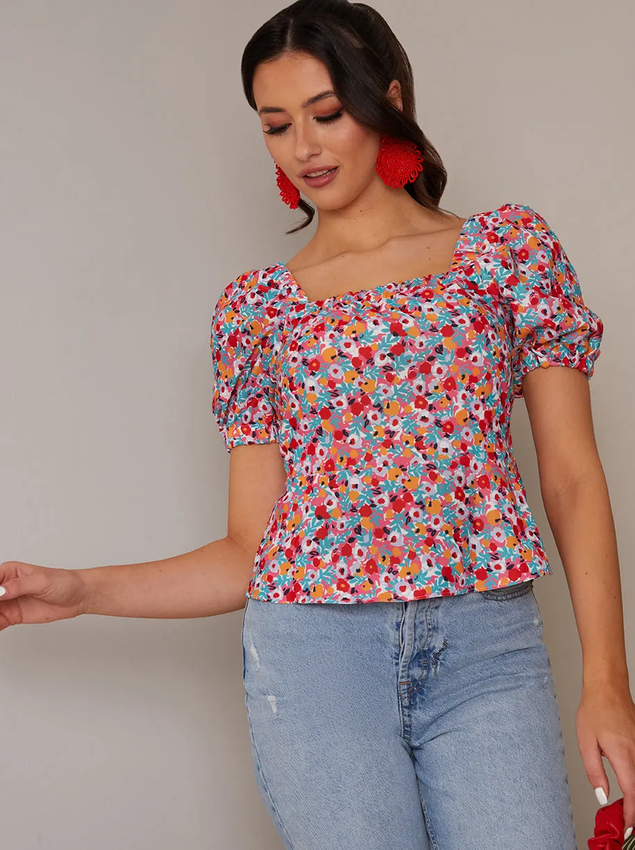 Cross Back Puff Sleeve Floral Top in Red sold by Chi Chi London product image thumbnail 2