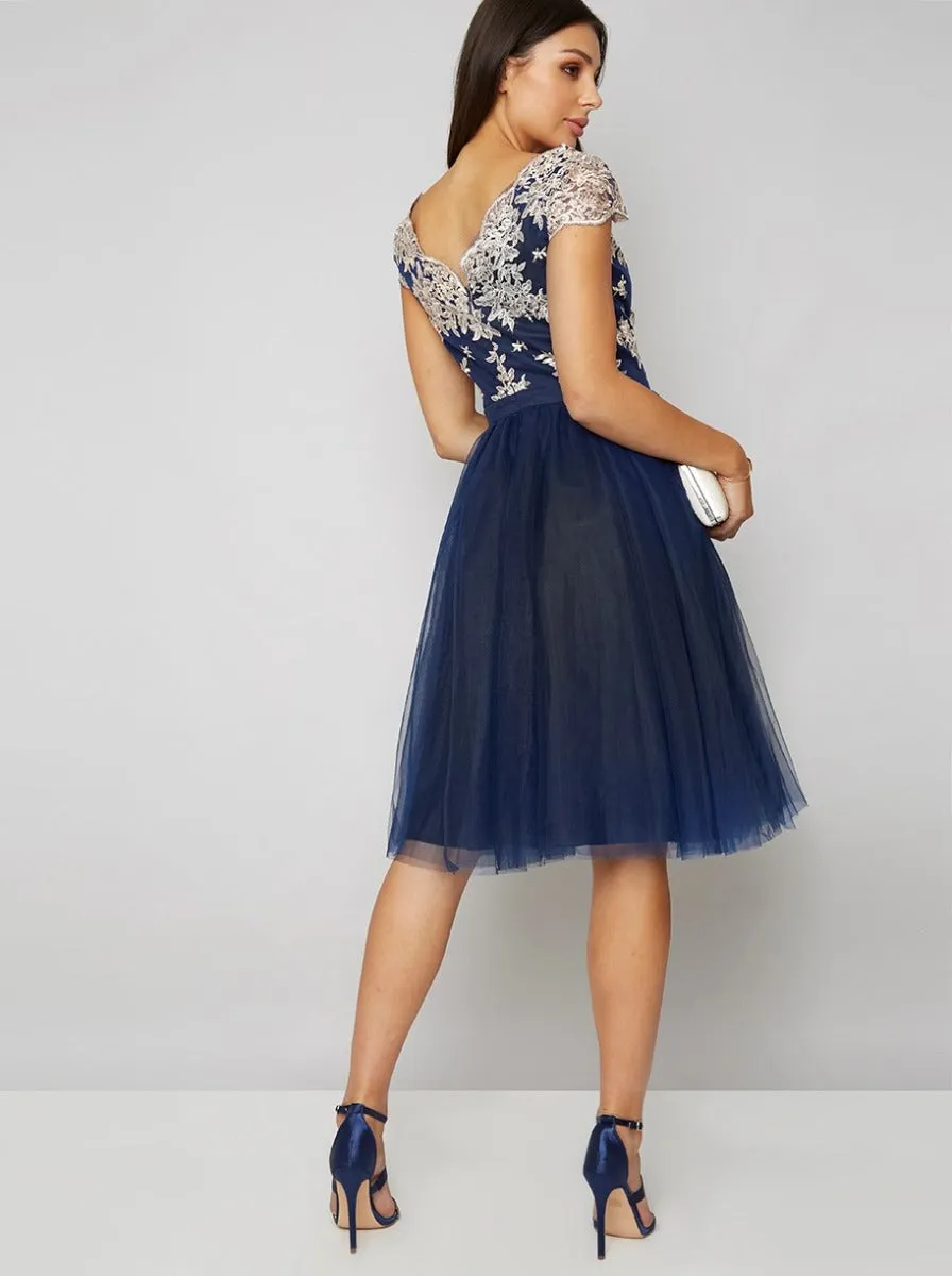 Metallic Lace Tulle Midi Dress in Blue sold by Chi Chi London product image thumbnail 2