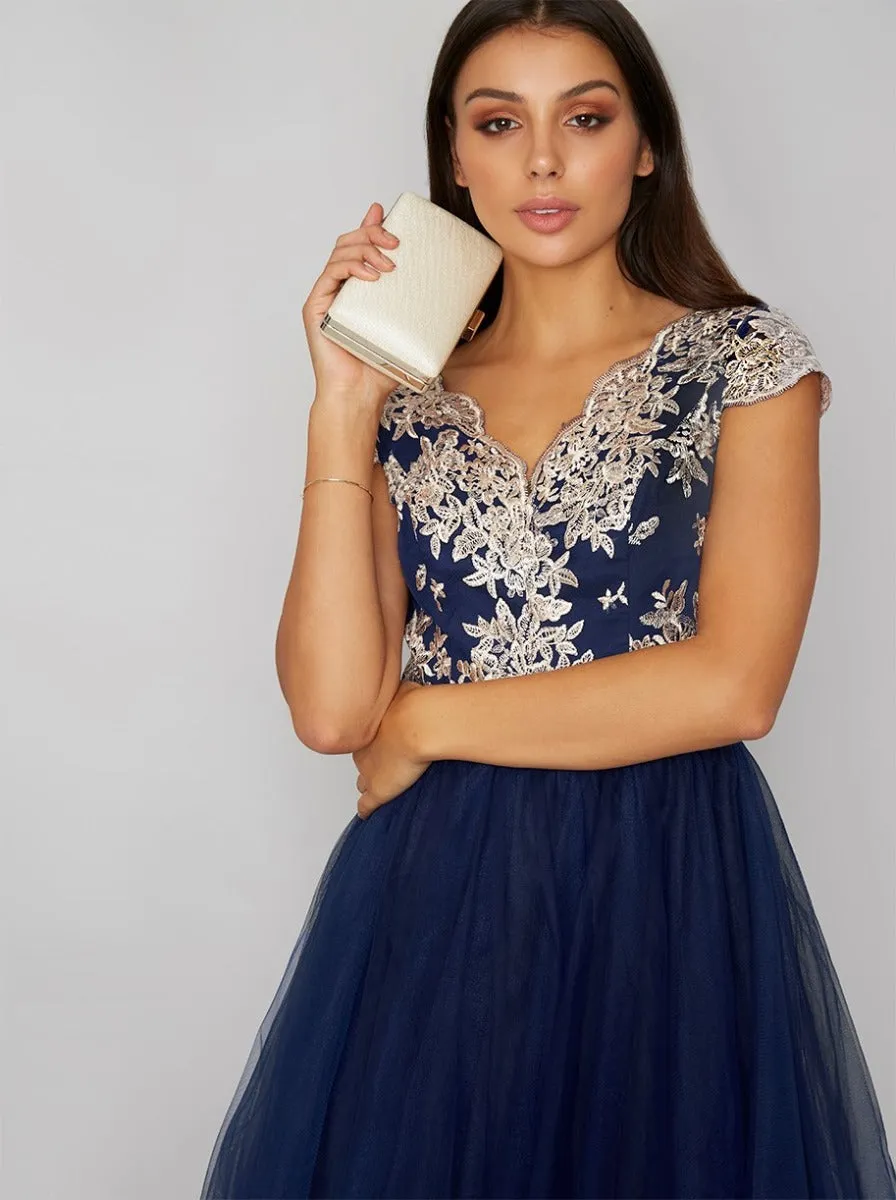 Metallic Lace Tulle Midi Dress in Blue sold by Chi Chi London product image thumbnail 3