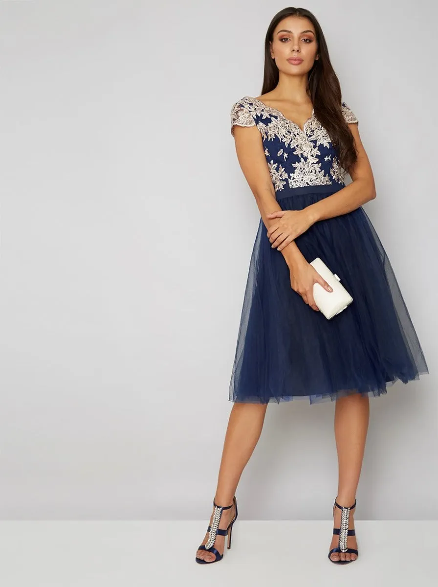 Metallic Lace Tulle Midi Dress in Blue sold by Chi Chi London