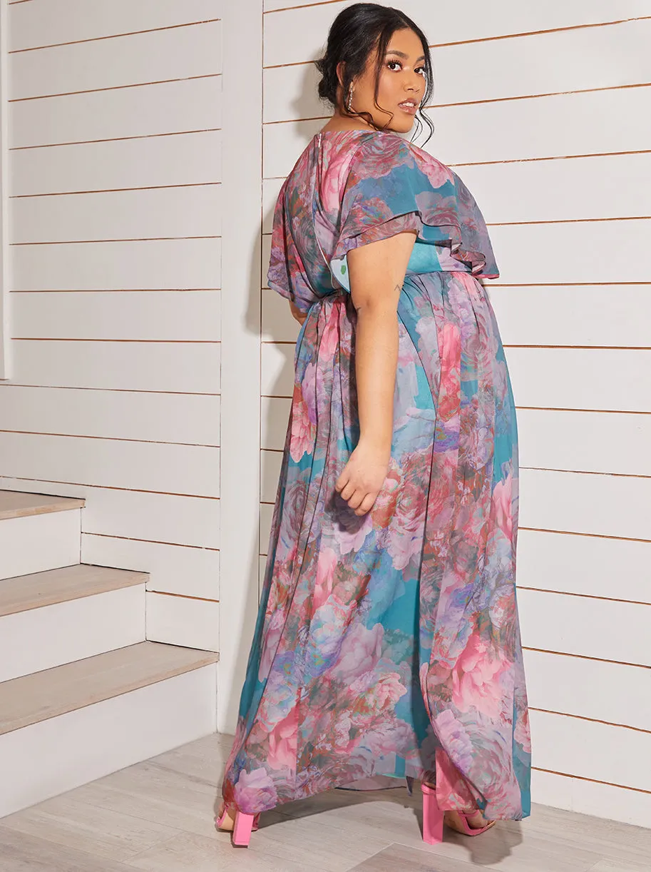Plus Size Angel Sleeve Floral Maxi Dress in Green sold by Chi Chi London product image thumbnail 5