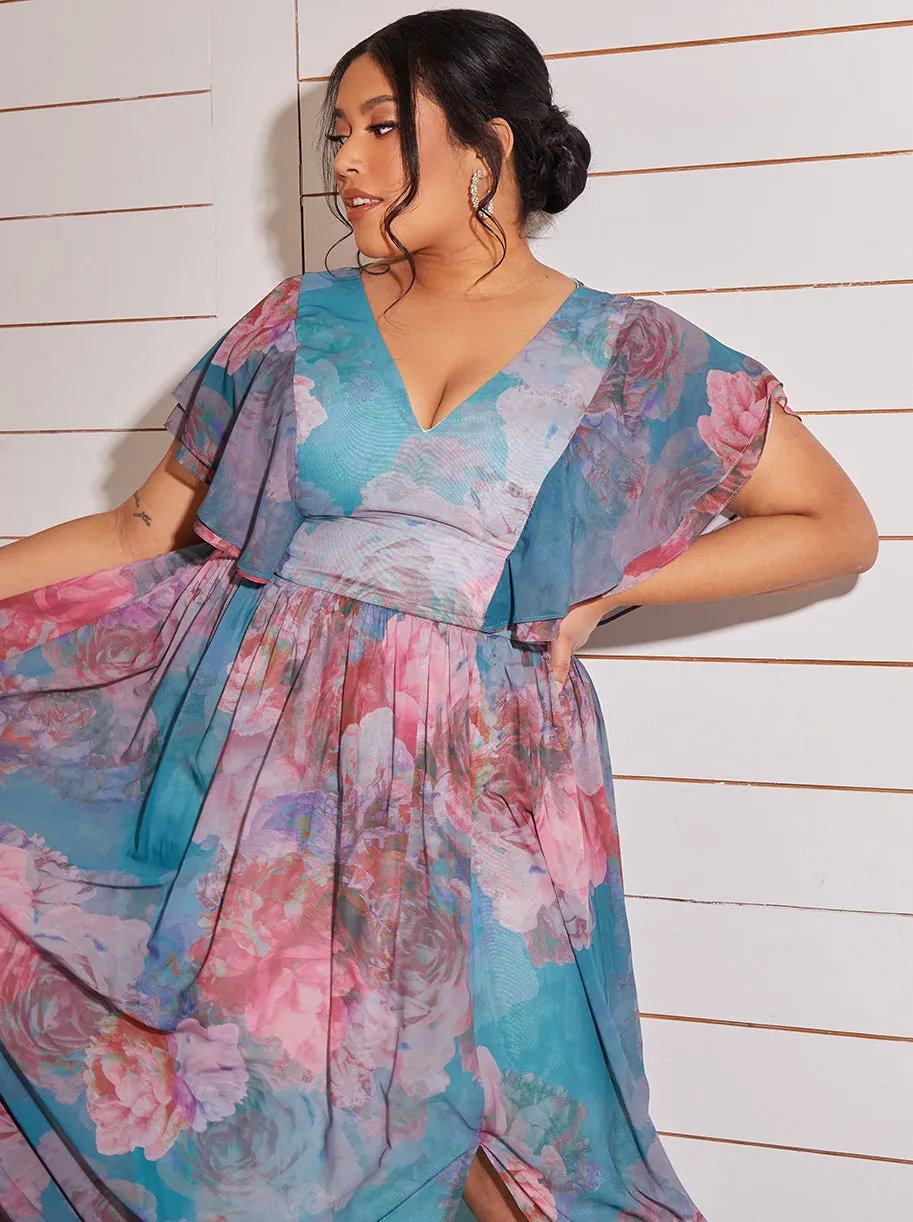 Plus Size Angel Sleeve Floral Maxi Dress in Green sold by Chi Chi London product image thumbnail 3