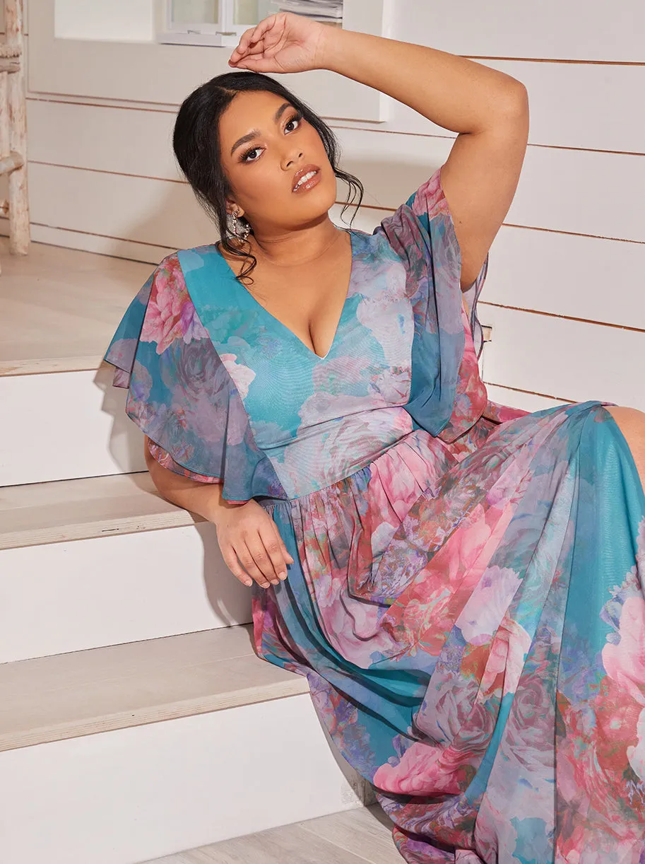 Plus Size Angel Sleeve Floral Maxi Dress in Green sold by Chi Chi London product image thumbnail 2