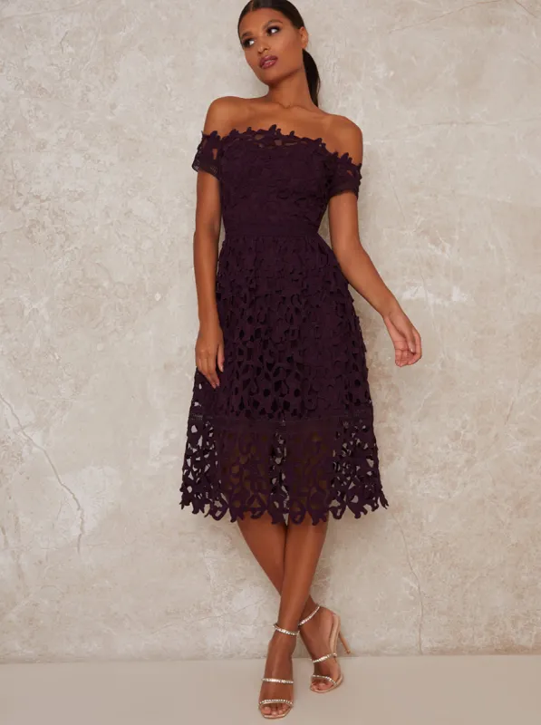 Bardot Premium Lace Midi Dress in Berry sold by Chi Chi London
