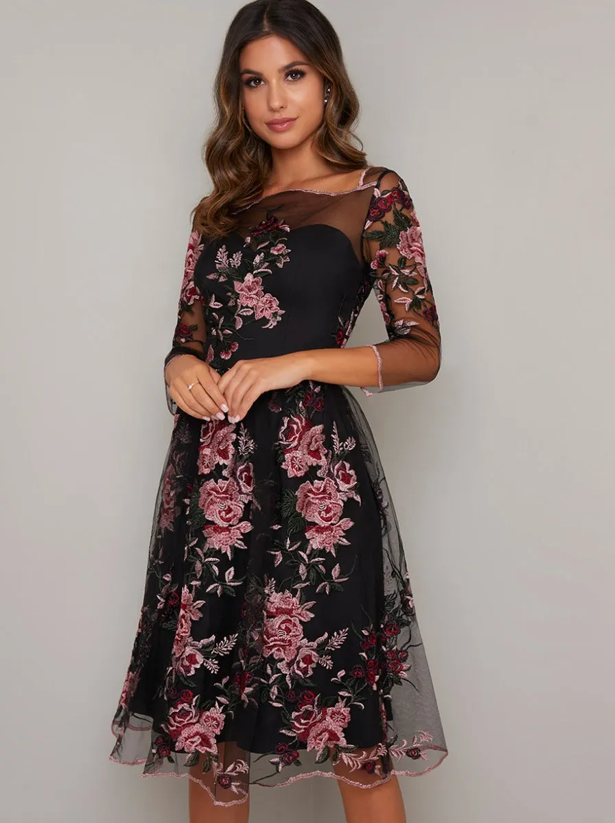 Floral Embroidered Overlay Midi Dress in Black sold by Chi Chi London