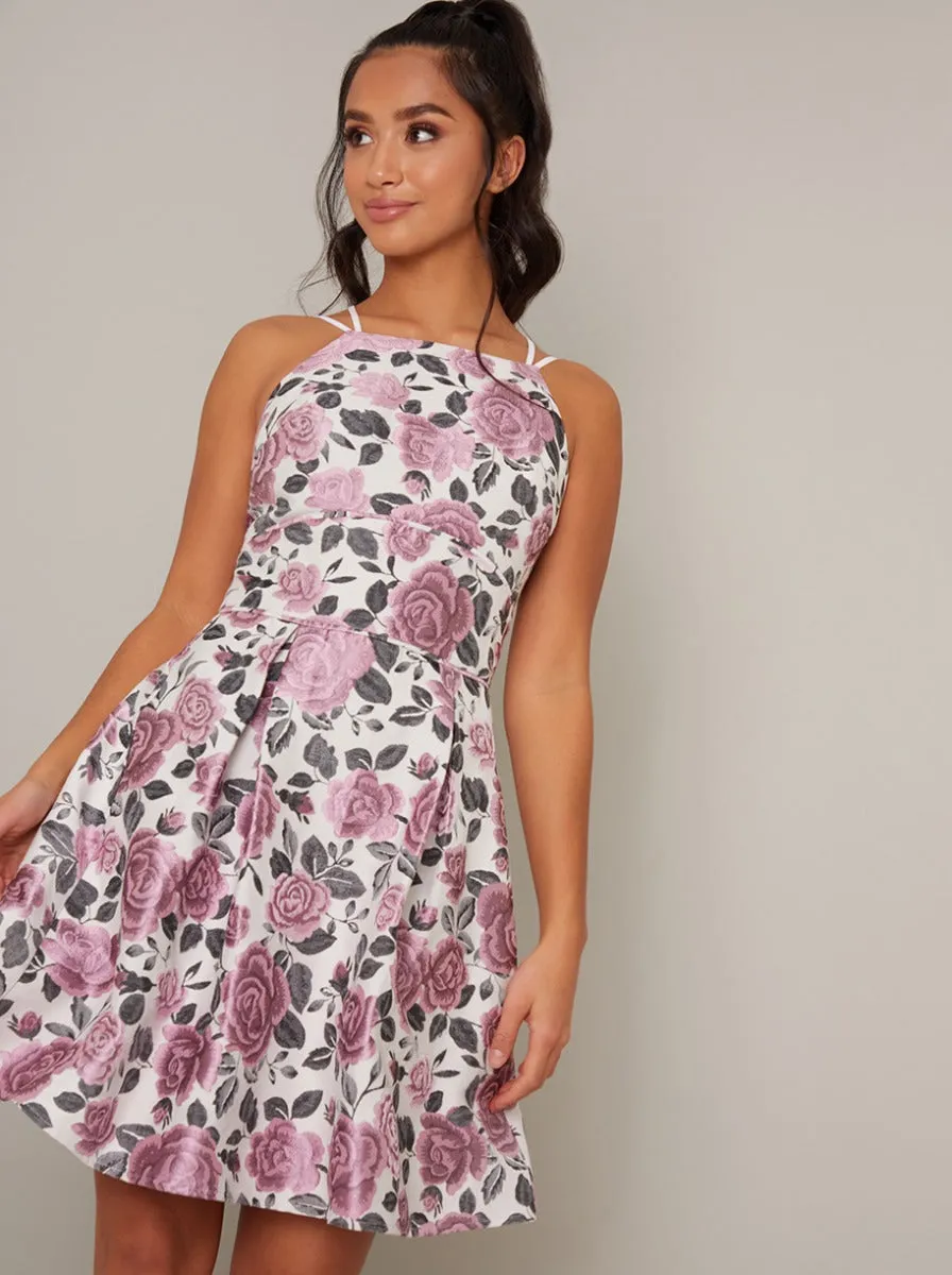 Halter Style Jacquard Print Mini Dress in Purple sold by Chi Chi London product image thumbnail 4