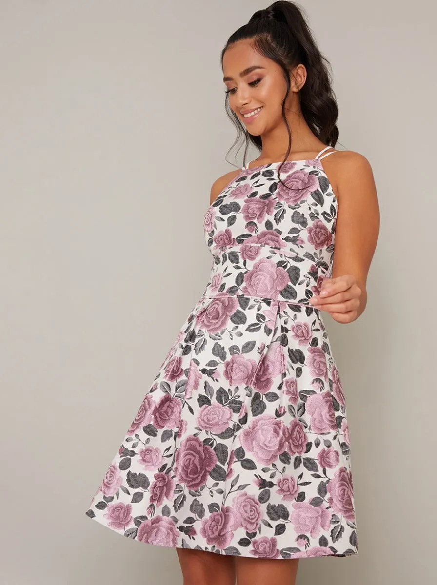 Halter Style Jacquard Print Mini Dress in Purple sold by Chi Chi London