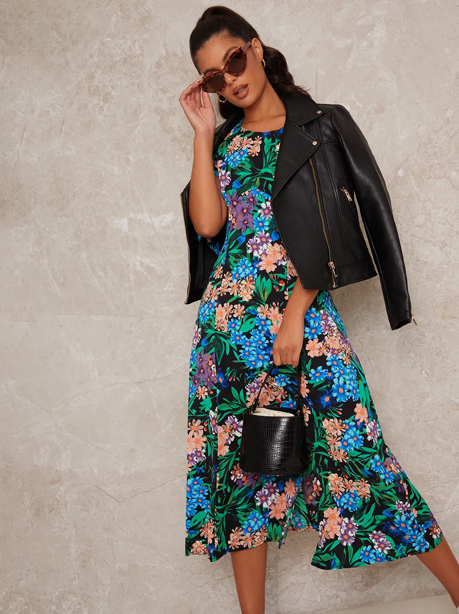 Short Sleeved Tie Floral Print Midi Dress in Black sold by Chi Chi London