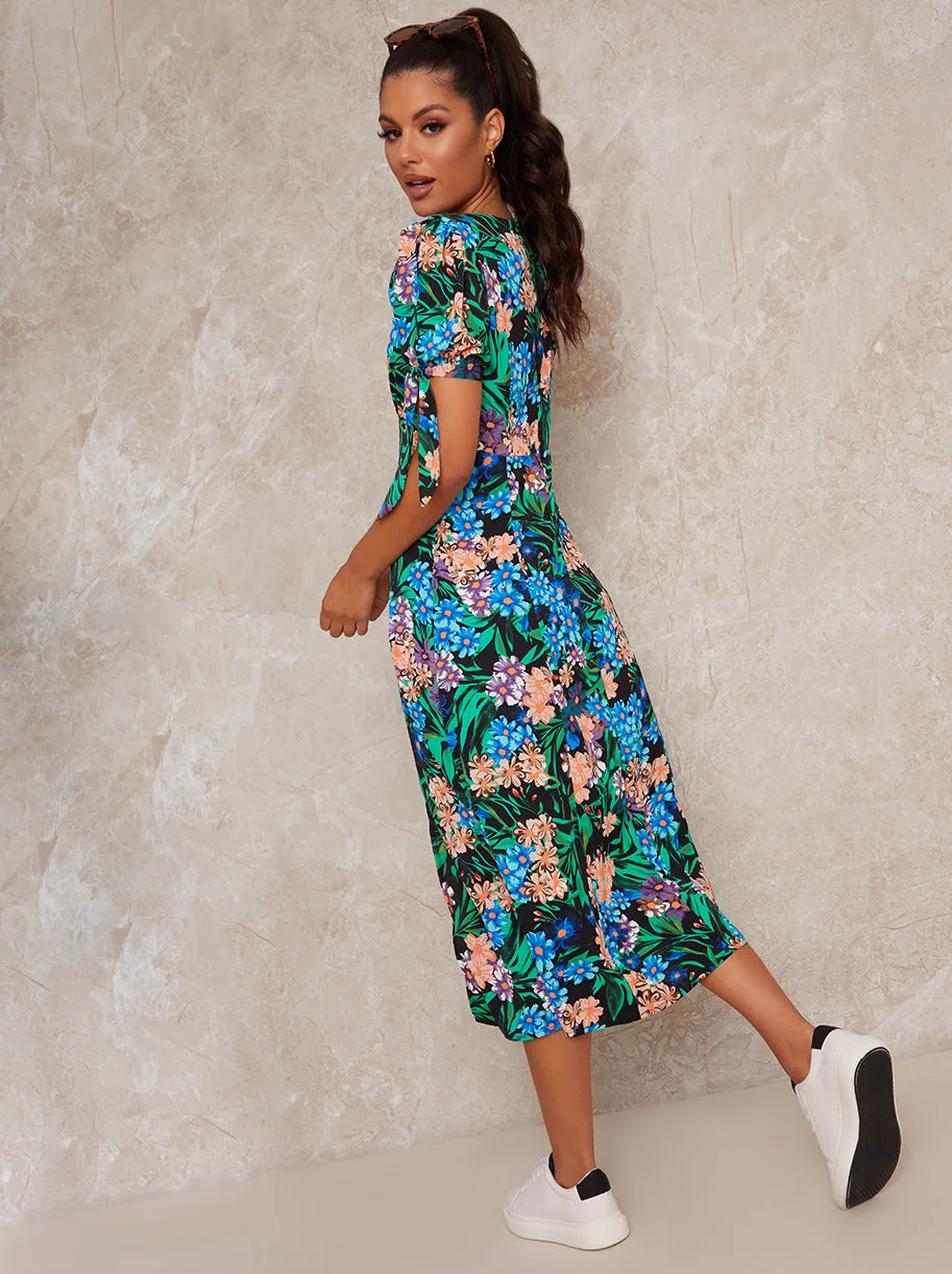 Short Sleeved Tie Floral Print Midi Dress in Black sold by Chi Chi London product image thumbnail 4