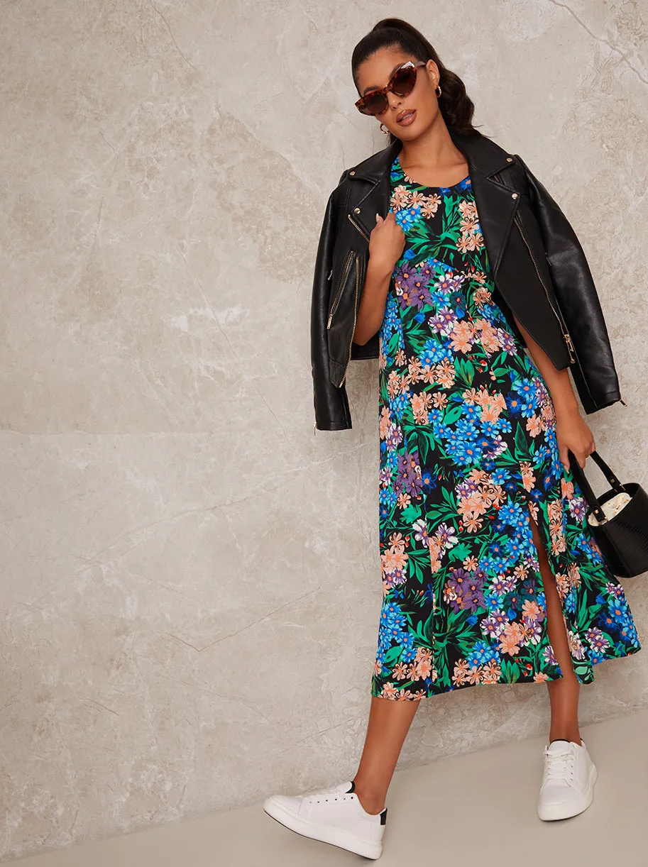 Short Sleeved Tie Floral Print Midi Dress in Black sold by Chi Chi London product image thumbnail 3