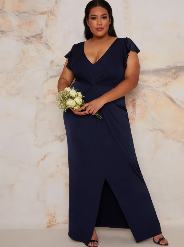 Plus Size Frill Sleeve Chiffon Maxi Dress In Navy sold by Chi Chi London