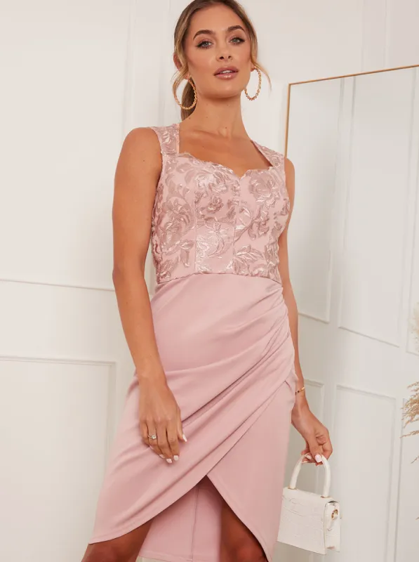 Sleeveless Embroidered Midi Dress in Pink sold by Chi Chi London