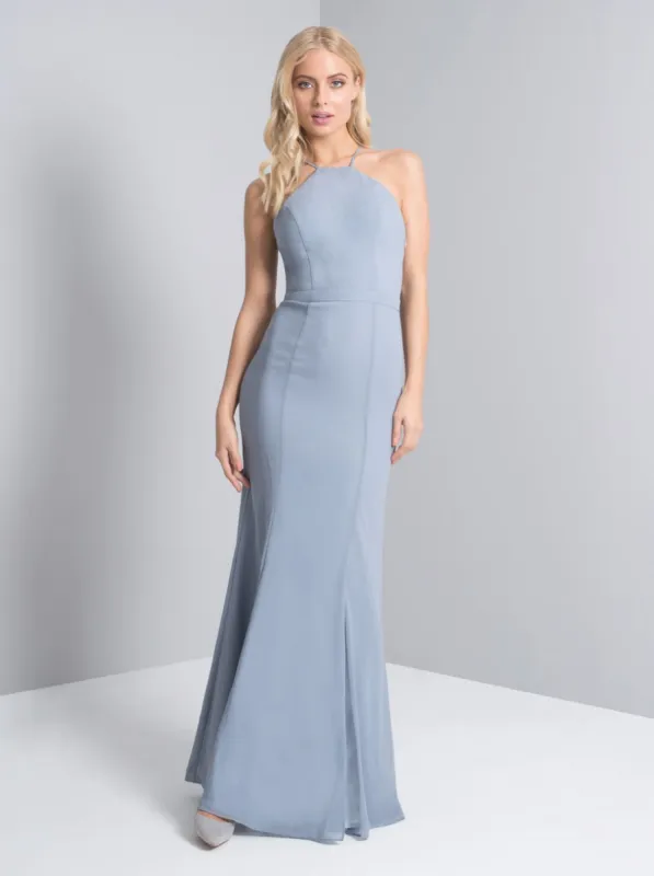 Lace Back Fitted Maxi Dress in Blue sold by Chi Chi London