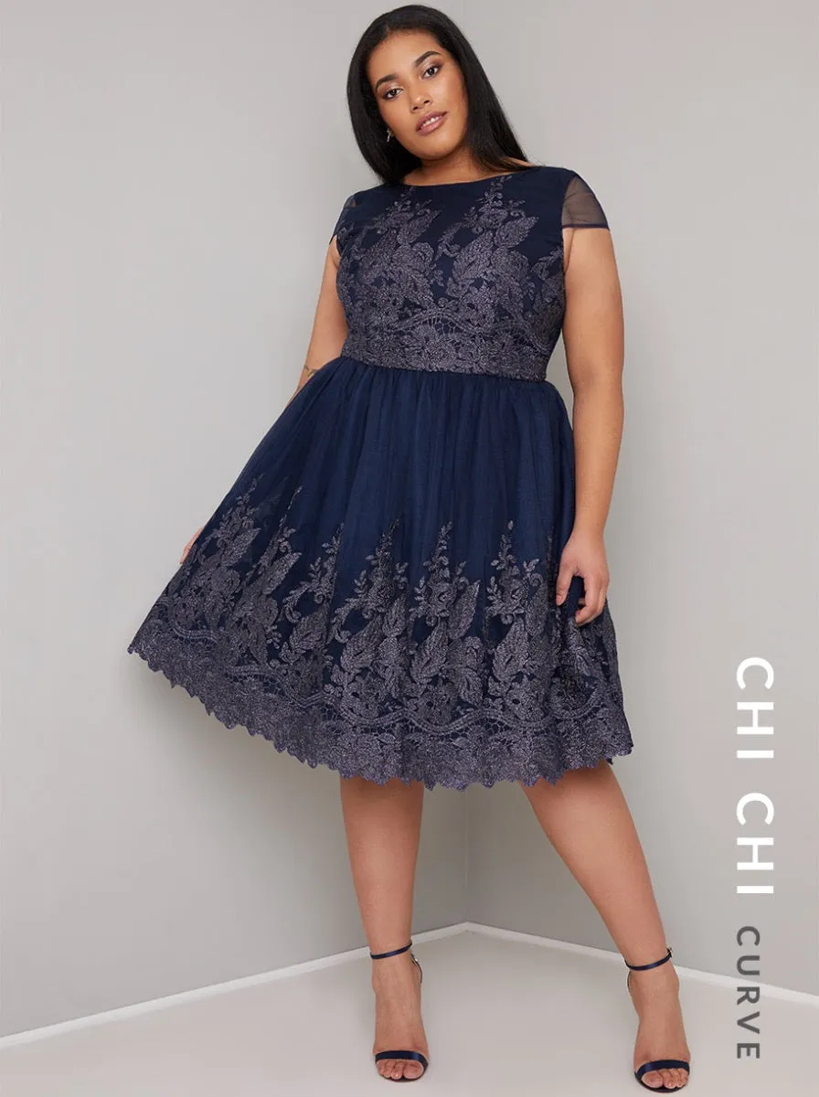 Cap Sleeve Embroidered Bodice Skater Dress in Navy sold by Chi Chi London