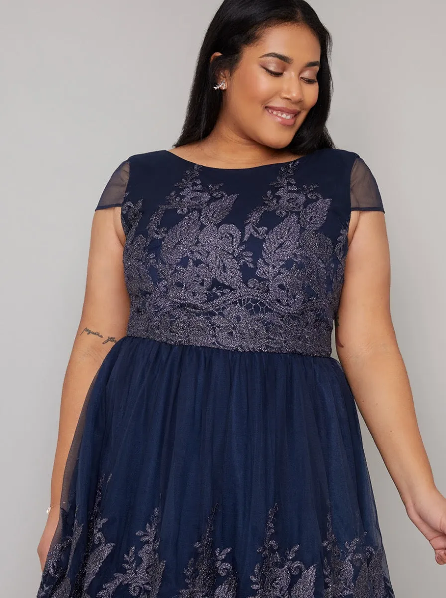 Cap Sleeve Embroidered Bodice Skater Dress in Navy sold by Chi Chi London product image thumbnail 2